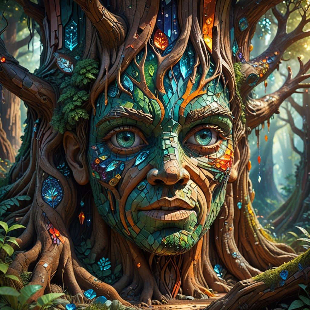 Colossal Tree with Face in Mosaic Fantasy Forest