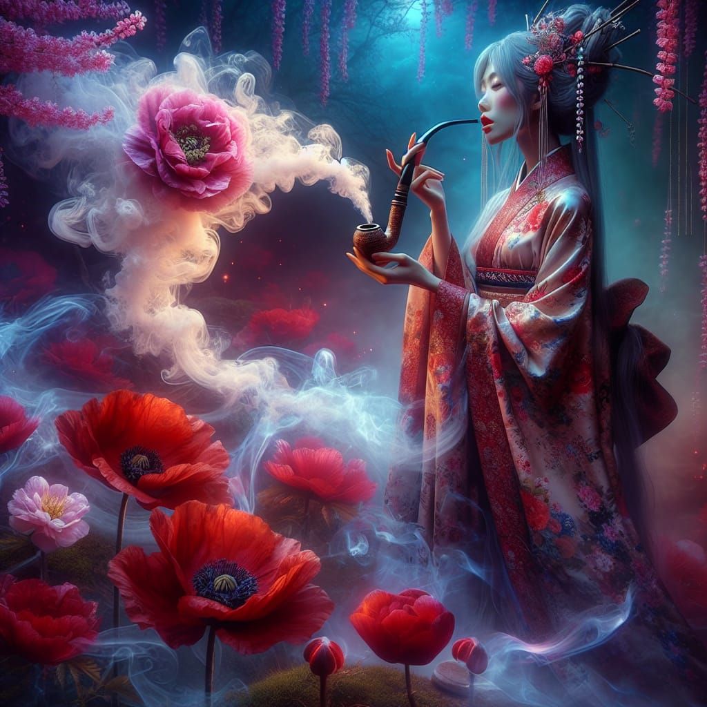 Ethereal Woman's Pipe Creates Magical Poppies