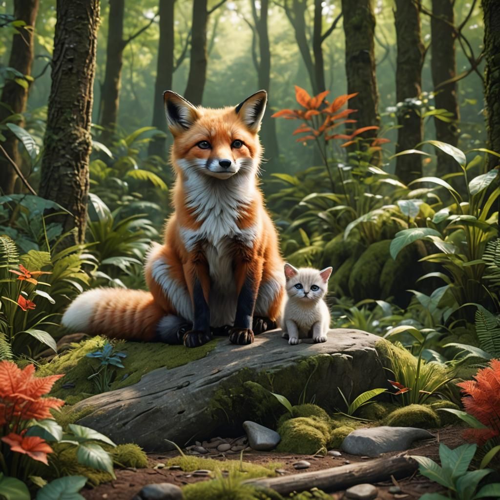 Fox and Kitten in Fantasy Forest, Digital Art