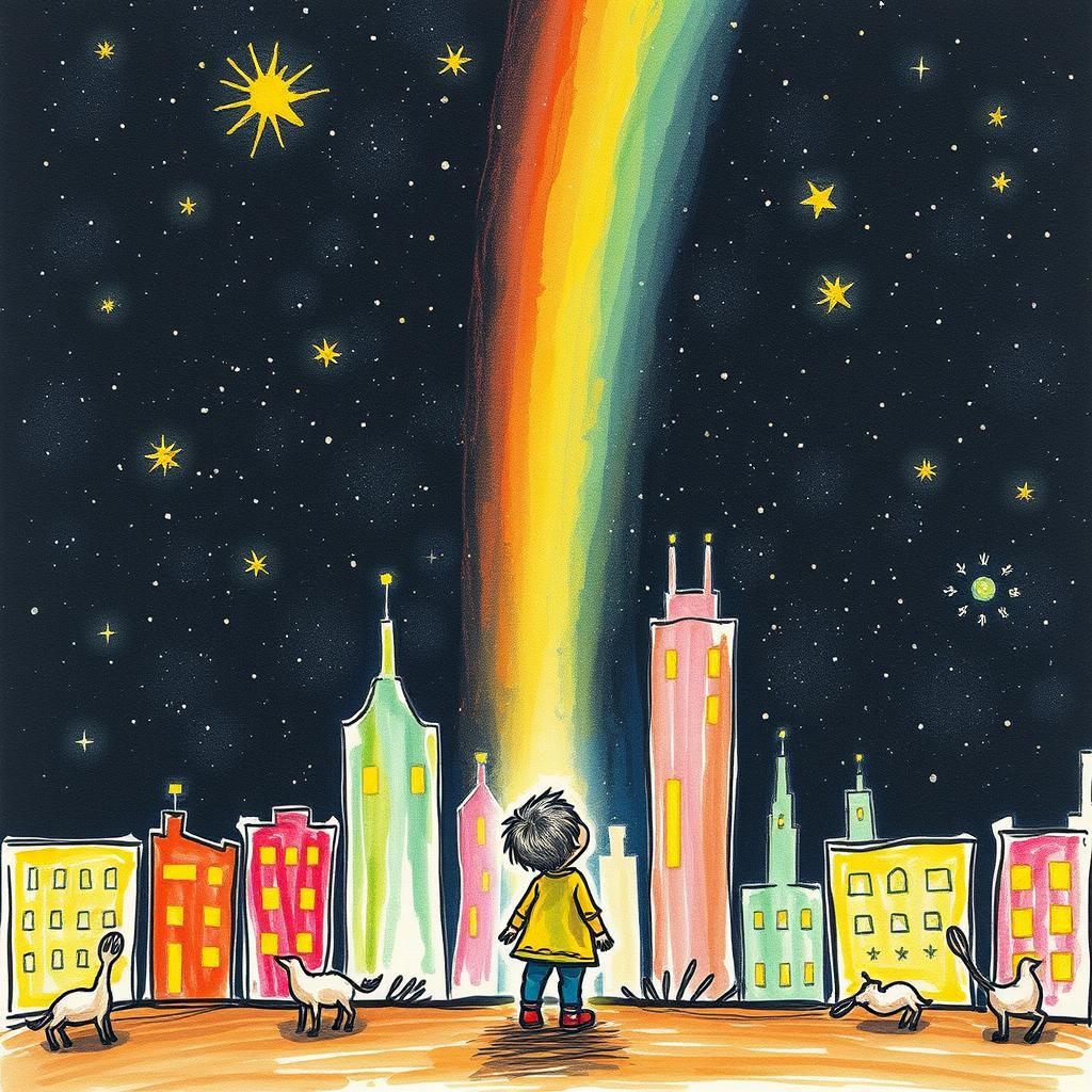Cosmic Future City: Whimsical Crayon Drawing