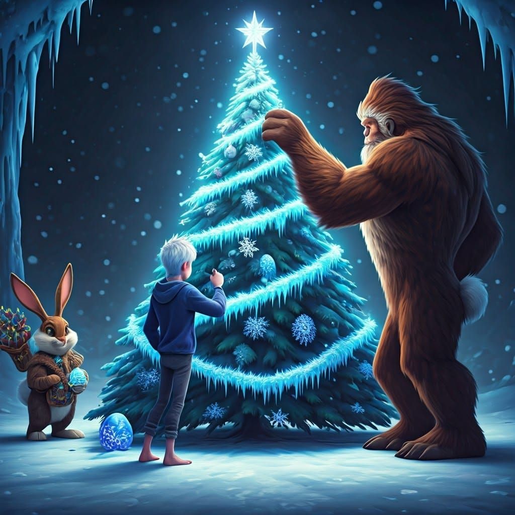 Christmas Scene with Jack Frost, Santa Claus, and Easter Bun...