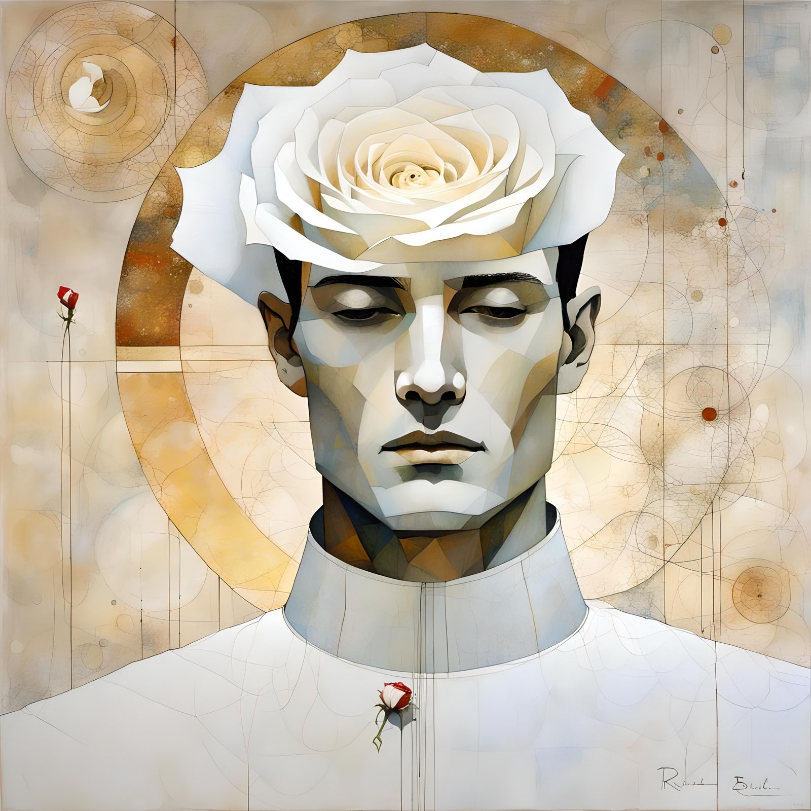 Celestial Man with White Rose: Minimalist Surrealism