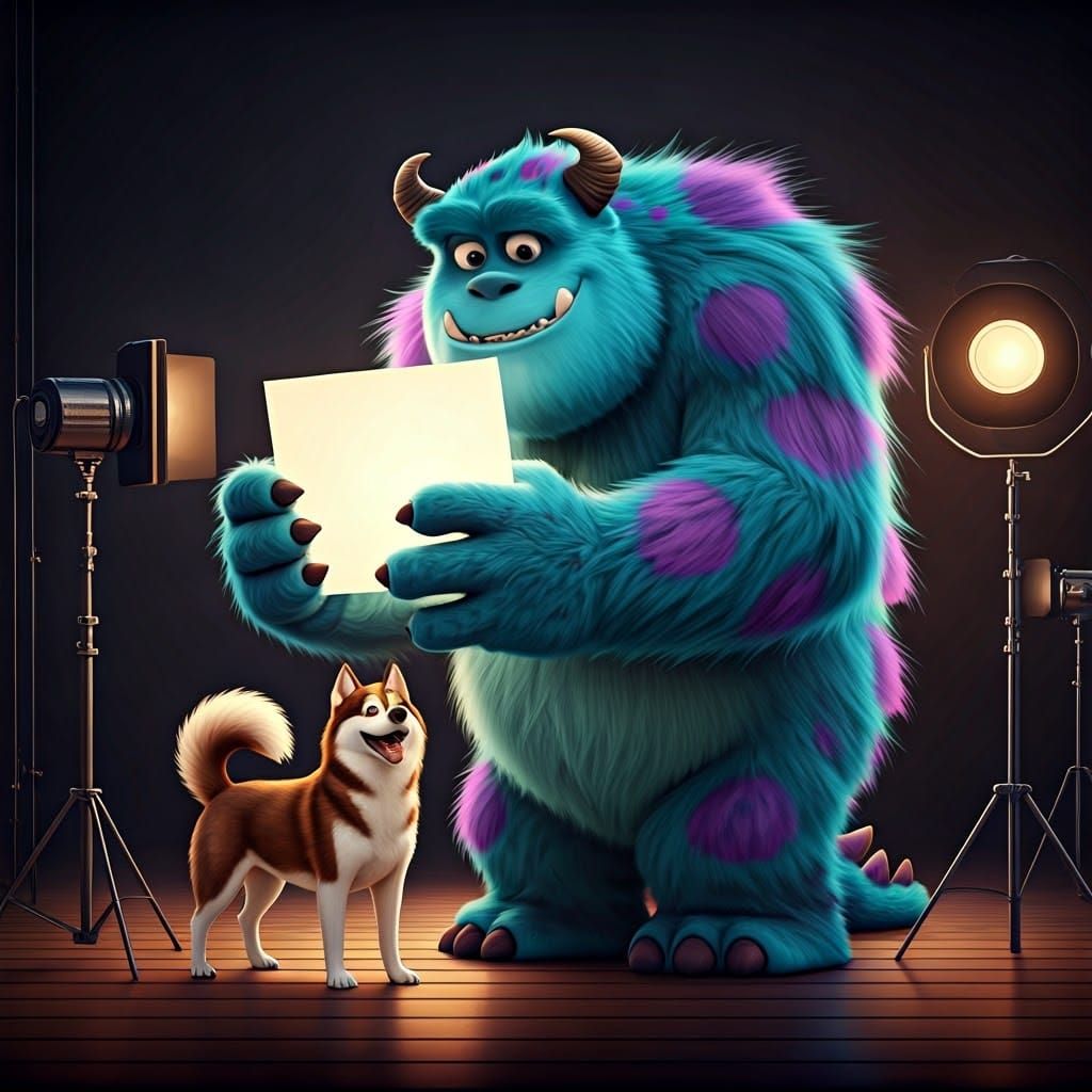 Create an 3d Pixar animated image of a large, furry blue mon...