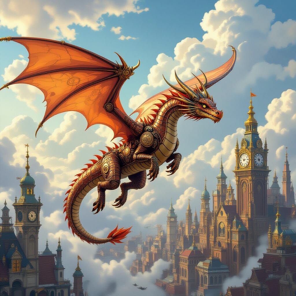Steampunk Dragon Soaring Above Victorian City
