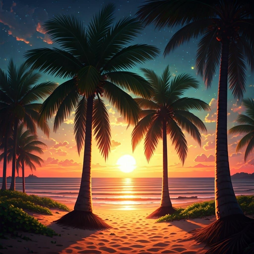 Lush Palms on a Sparkling Beach at Sunset