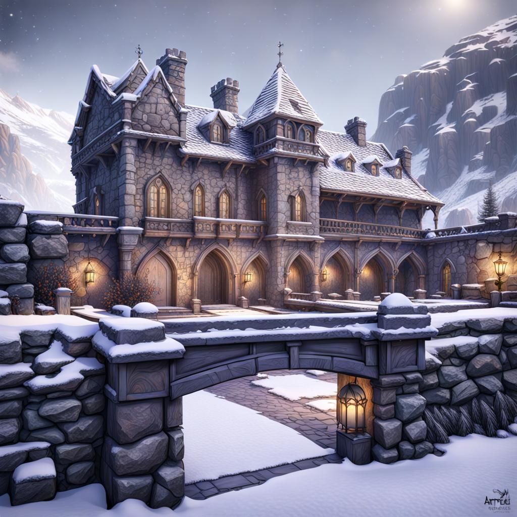 Snowy Mountain Stone Manor with Courtyard