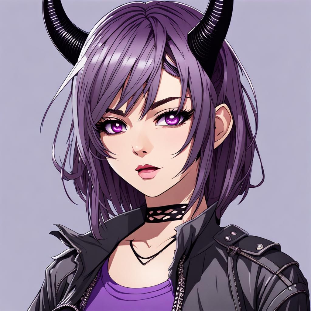 Anime Portrait: Demon Woman with Purple Horns