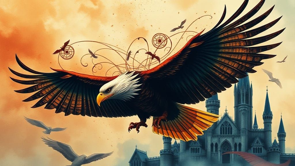 Eagle Soaring Through Dystopian Art Deco Castle