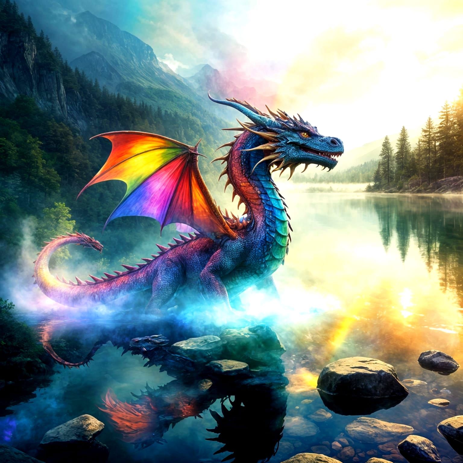 Rainbow Smoke Dragon Emerges from Mountain Lake