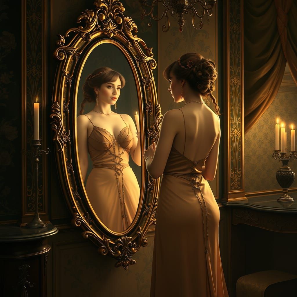 Elegant Woman Gazing in Ornate Mirror, Art Nouveau Style