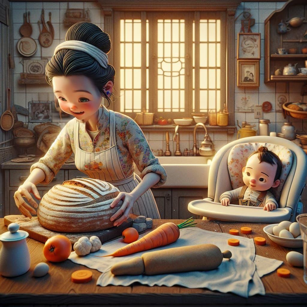 Cartoon Mother Baking Sourdough Loaf in Kitchen