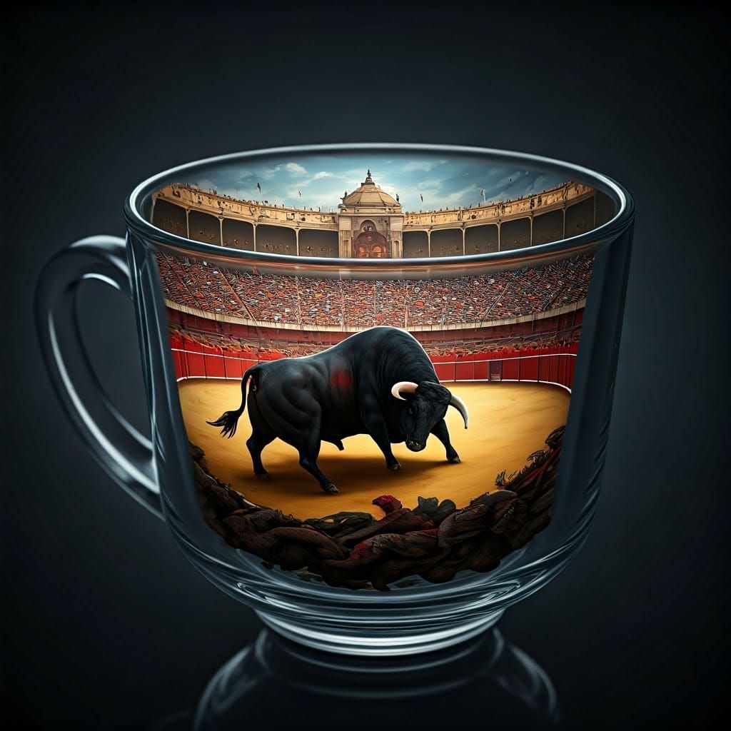 Spanish Bullfight Reflected in Glass Cup