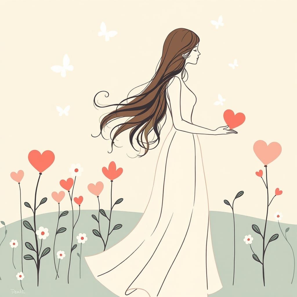 Whimsical Dreamlike Woman Collects Heart-Shaped Flowers in a...