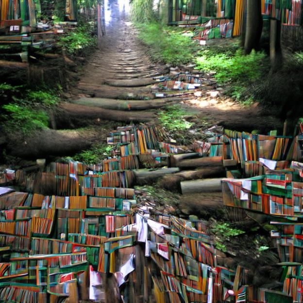 Enchanted Forest Trail Lined with Stacks of Books