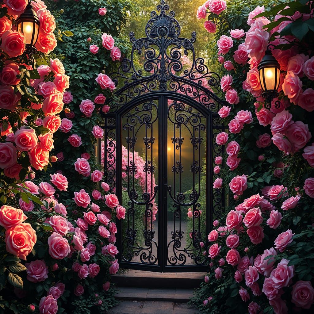 A pink fantastical beautiful secret rose garden in a mystery...