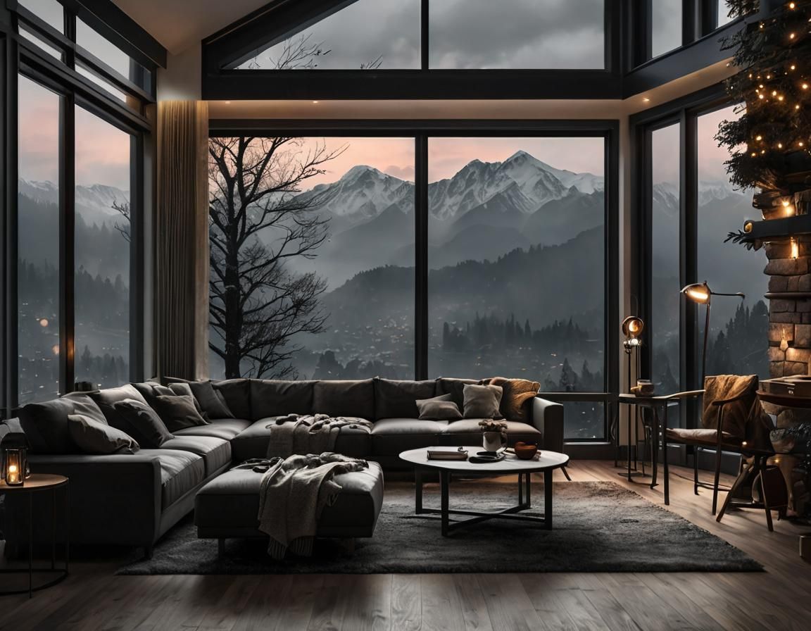 Aesthetic Black Living Room with Snowy Mountain View