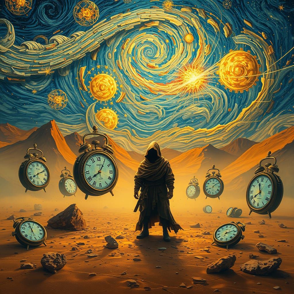 Surreal Desert Battlefield with Dalí Clocks and Van Gogh Sky
