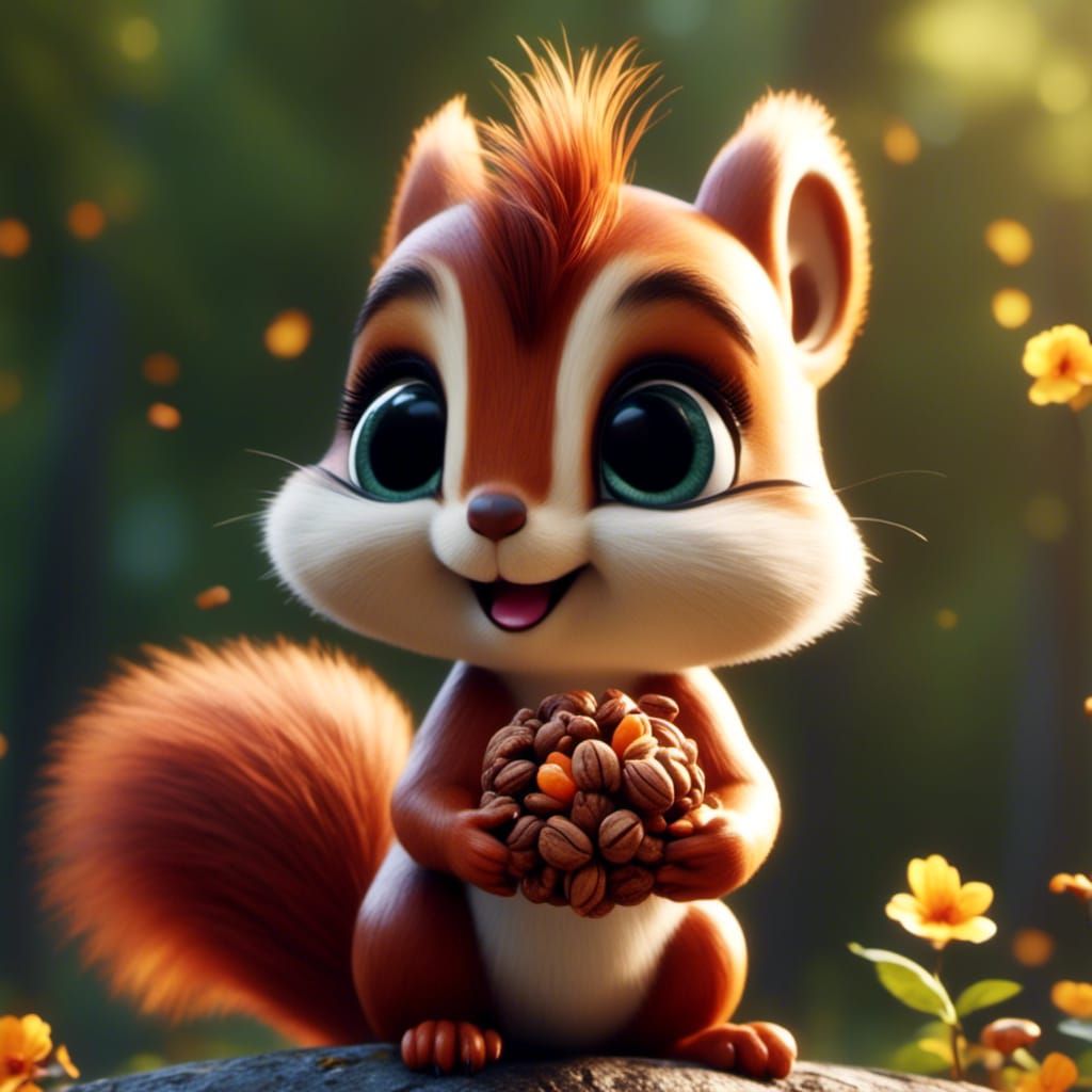 Cute Squirrel with Walnut and Flowers