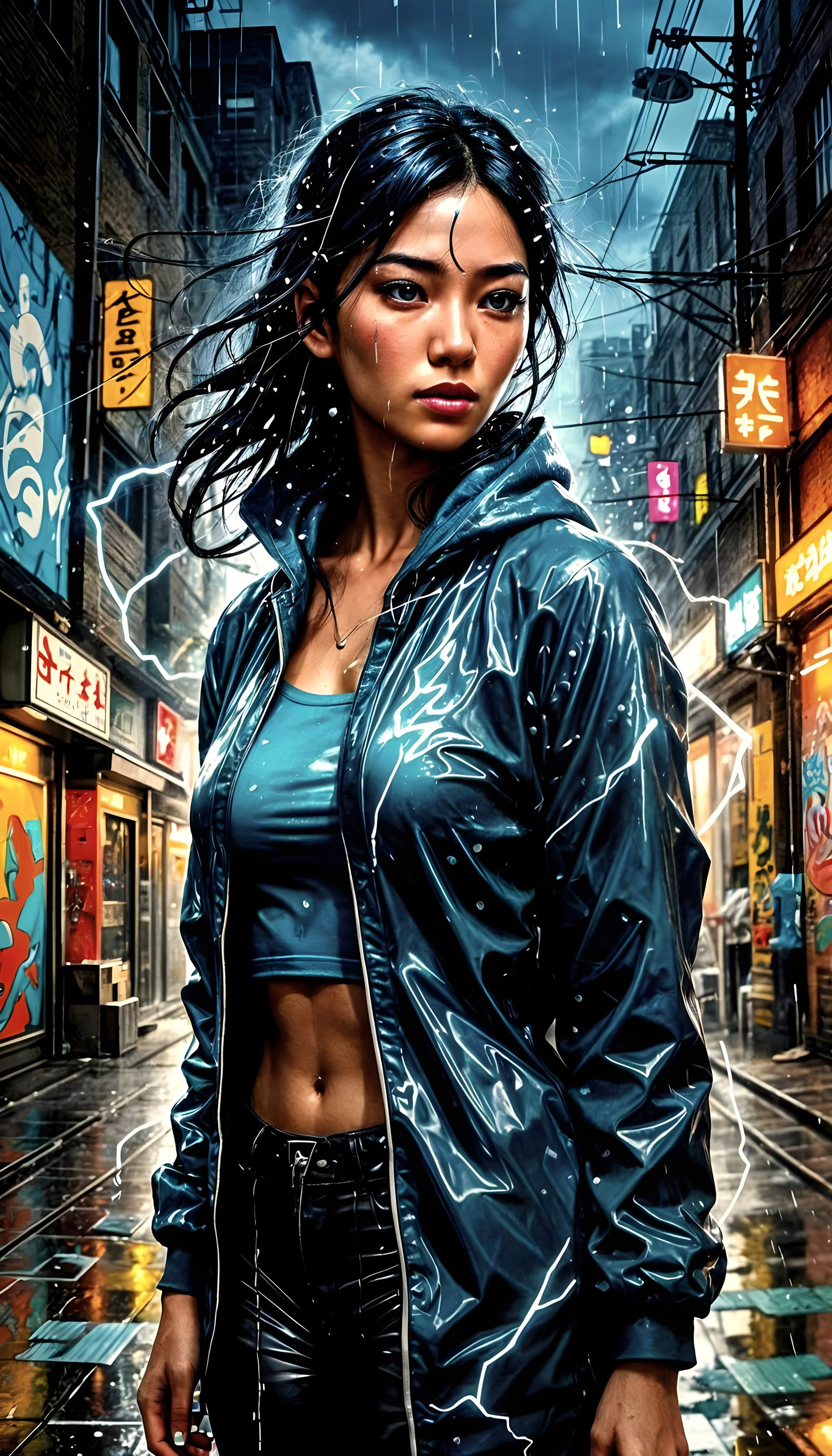 Ethereal Korean Superheroine Transforms in Rainy Graffiti Sc...