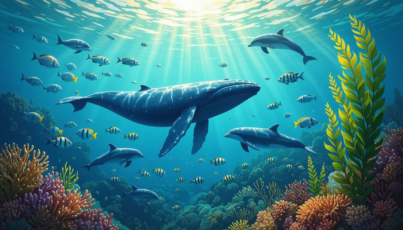 Blue Whale Family Amidst Coral Reefs and Marine Life