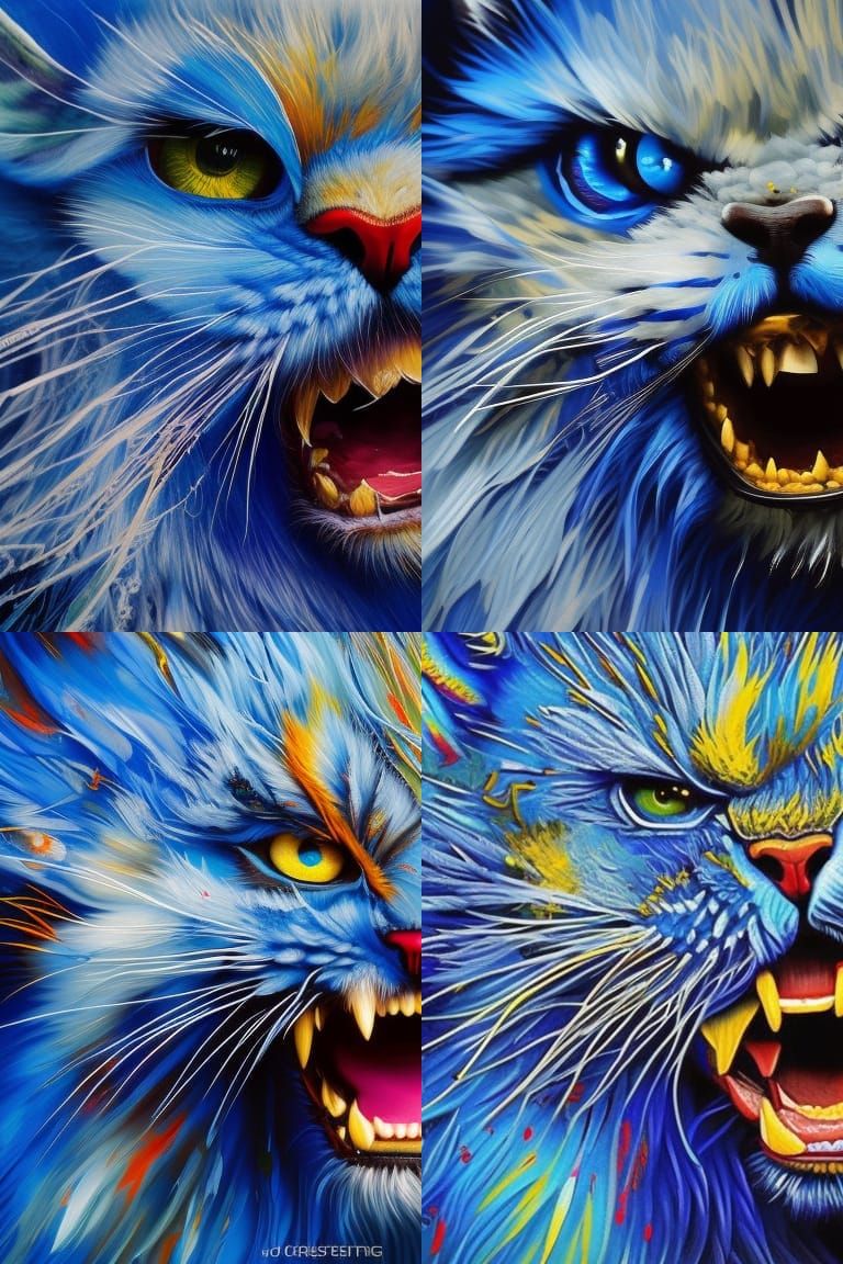 Blue Furry Monster in Seascape, Textured Oil Painting