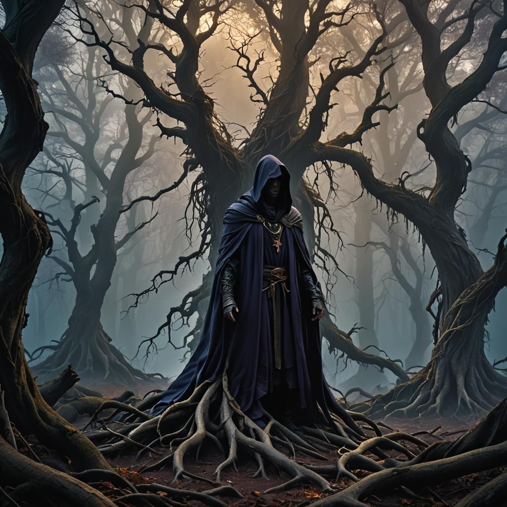 Cloaked Figure in Misty Forest: Dark Fantasy Art