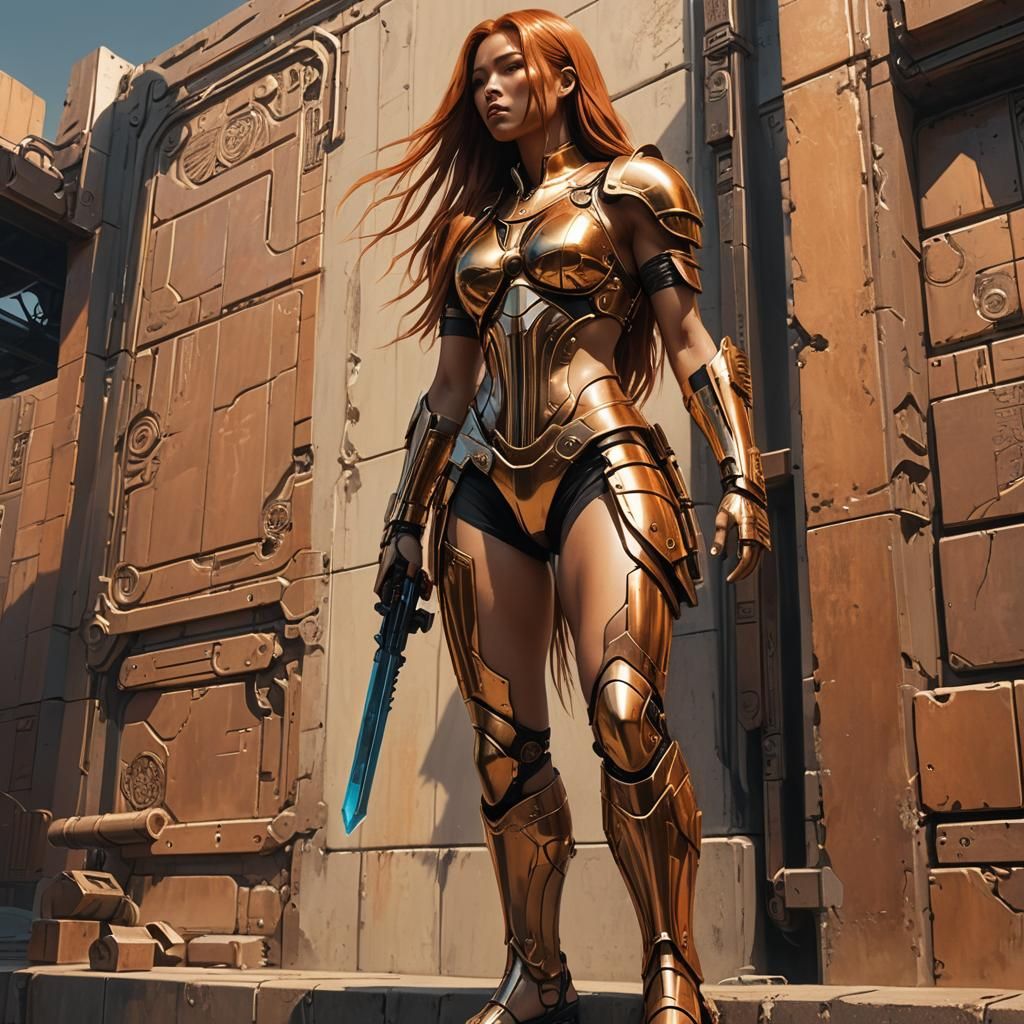 Cyberpunk Woman in Golden Bikini at Sunset