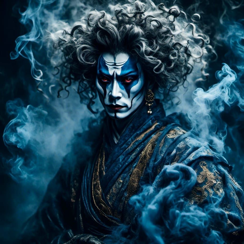 Kabuki Actor in Blue Makeup Emerging from Smoke