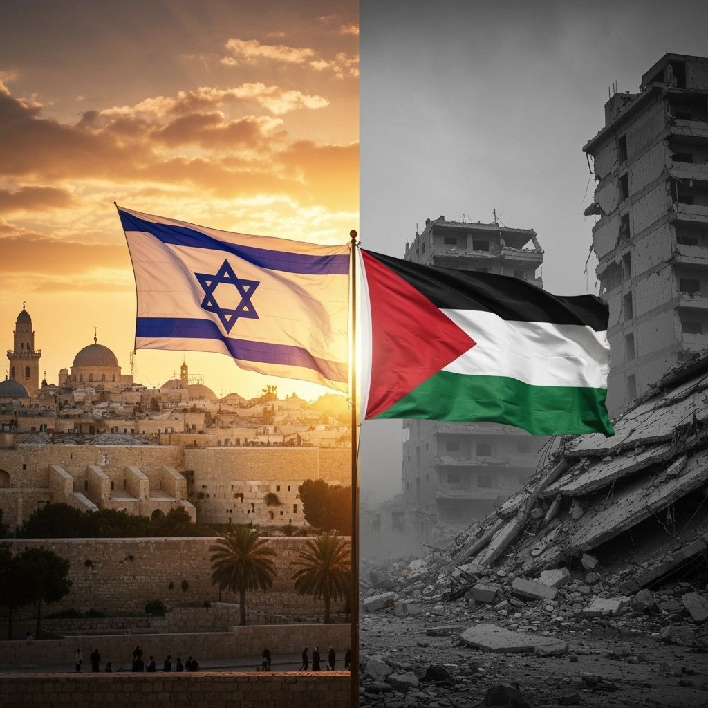 Contrasting Flags: Jerusalem Sunset and Gaza Ruins