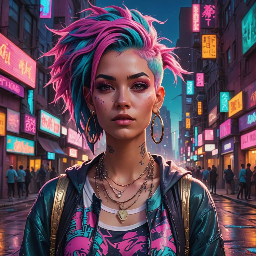 Neon City Woman with Tattoos and Spiked Hair