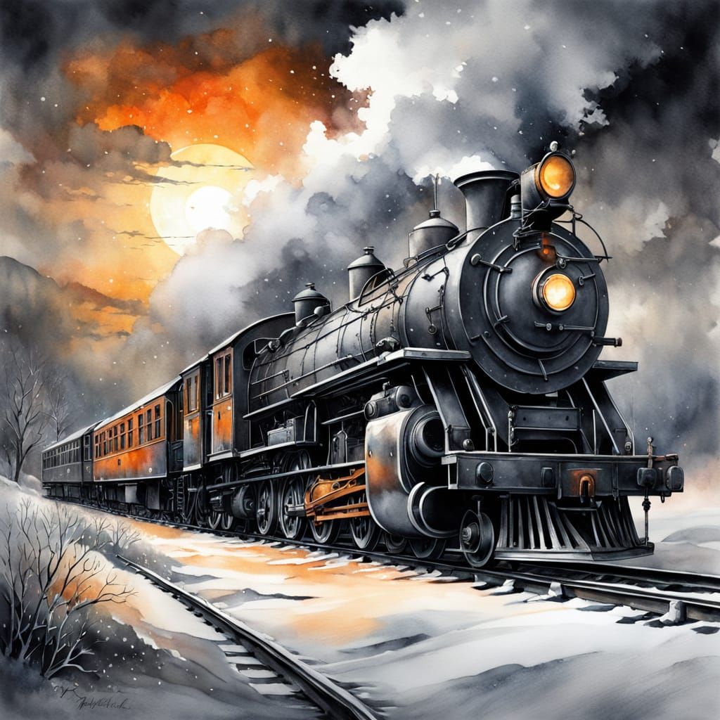 Steampunk Train in Stormy Watercolor Landscape