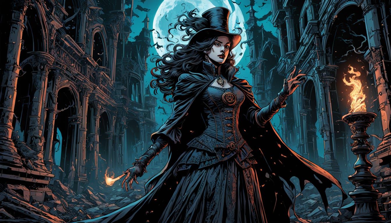 Gothic Victorian Sorceress Conjuring Magic in Comic Art Styl...