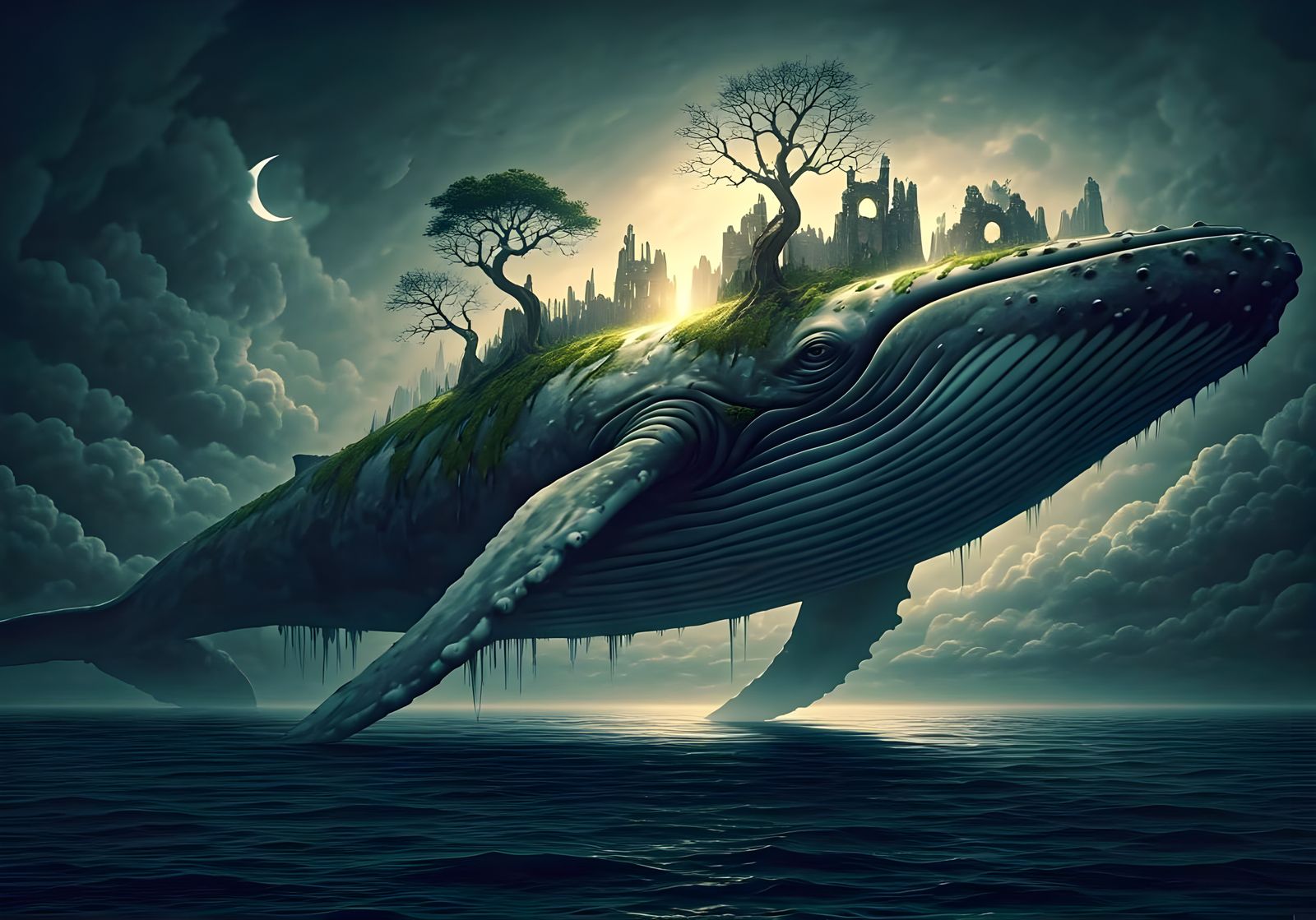 Majestic Whale Island Soars in Dark Fantasy Skies