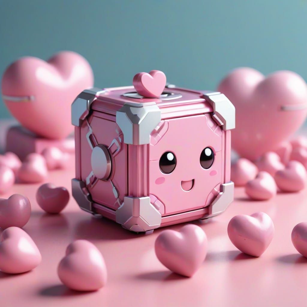 Pastel Whimsy: Adorable Companion Cube in a Heartful Scene