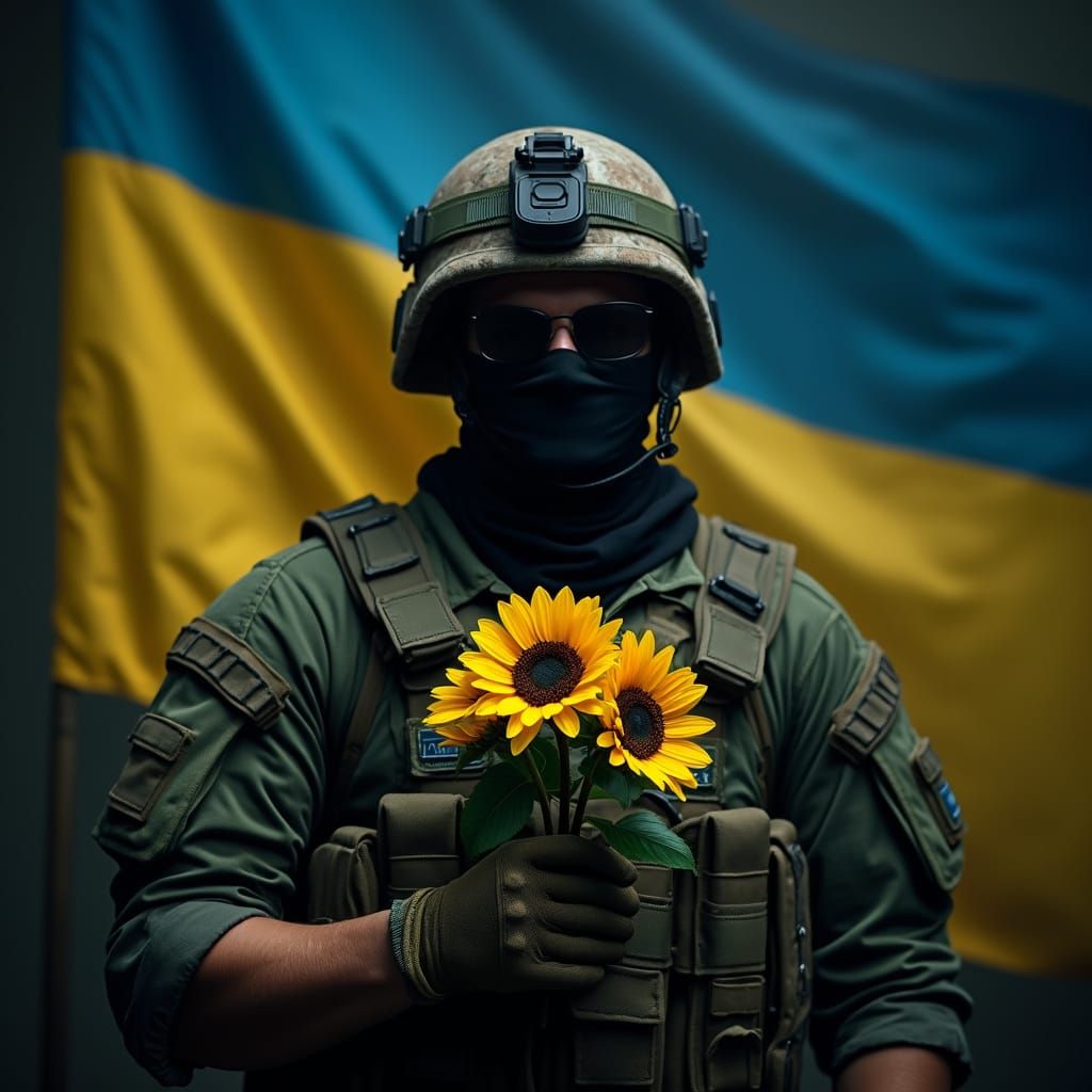 Ukrainian Soldier with Sunflowers in Cinematic Dark Image