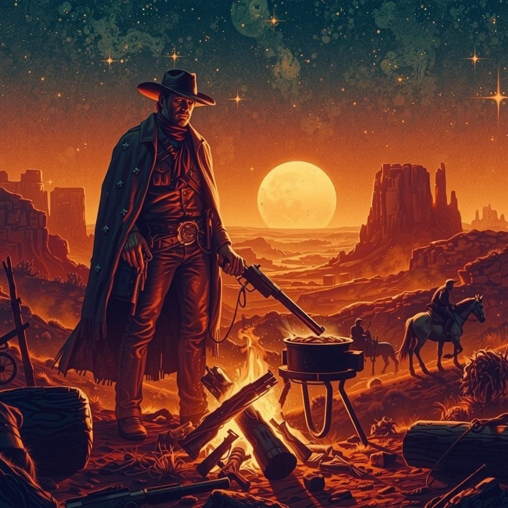 Lone Cowboy Gunman Under Starry Western Sky