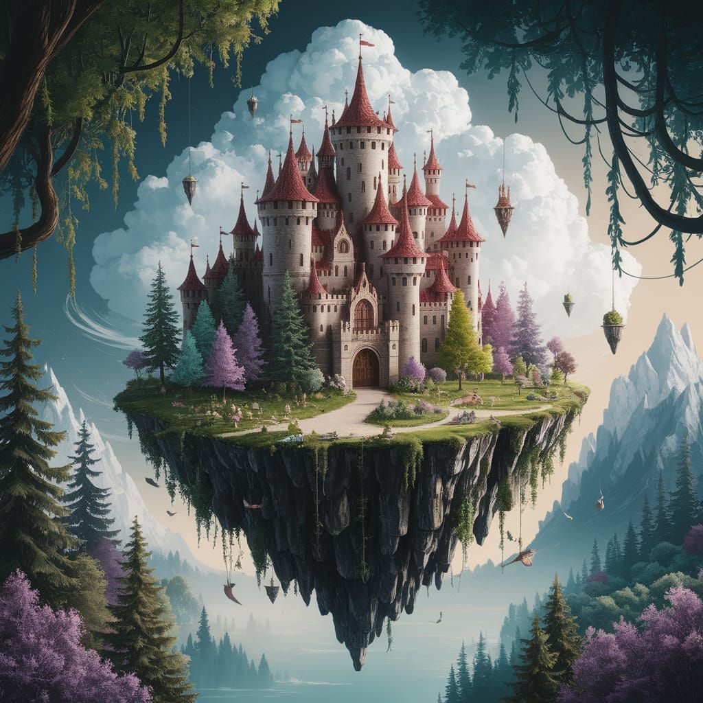 Whimsical Floating Island Magical Forest Castle