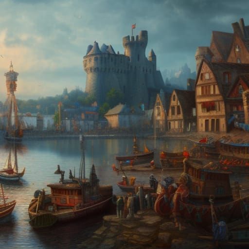 Medieval Harbor Town Concept Art in Deep Color