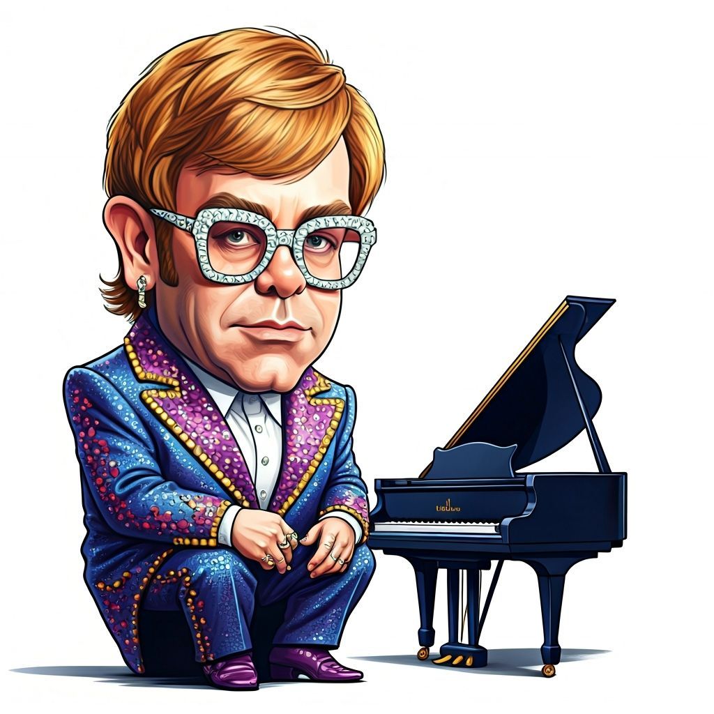 Elton John Caricature with Tiny Piano in Pop Art Style