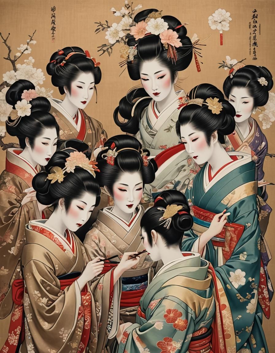Geisha Assisted by Servants in Nihonga Style
