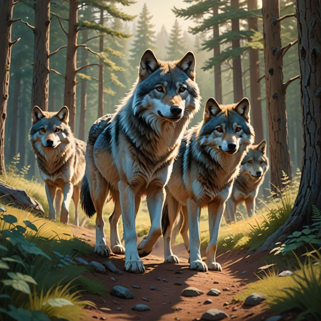 Grey Wolves Gathered in Pack, Led by a Gentle Leader