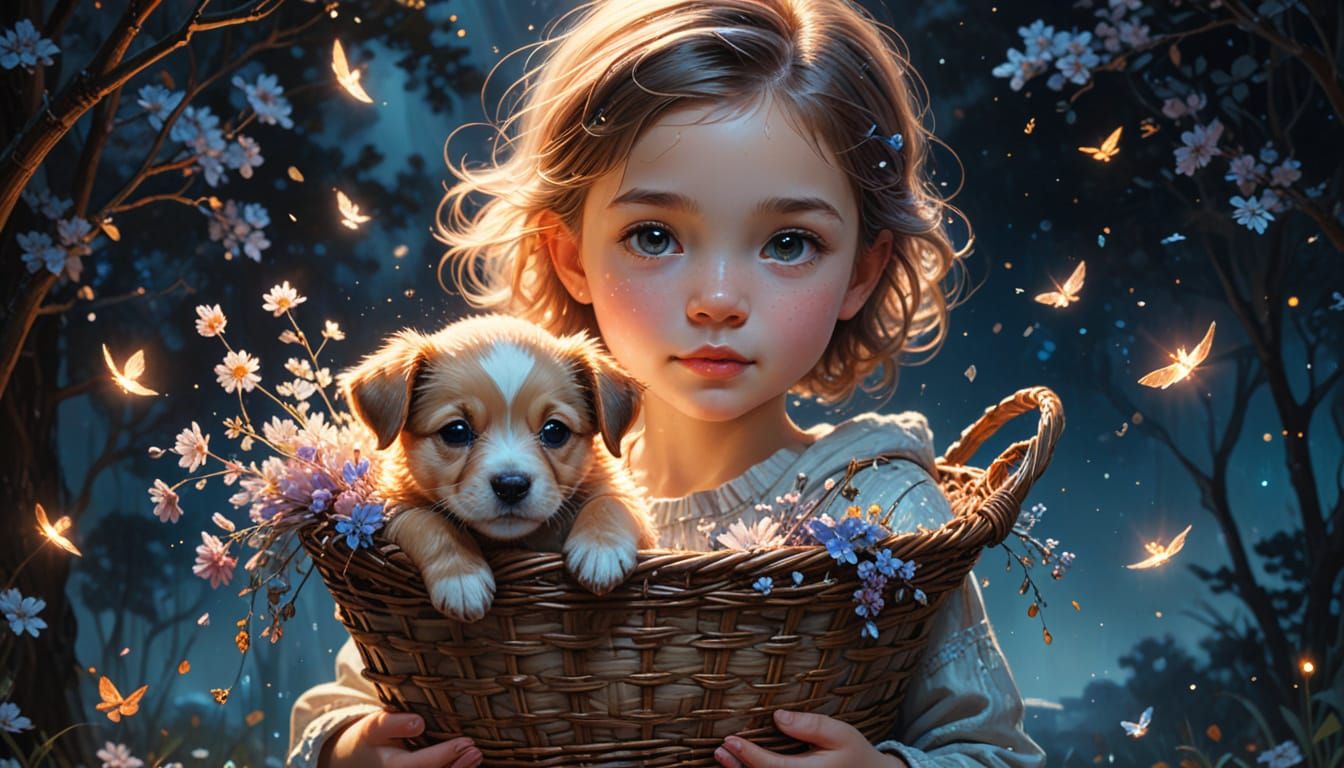 Girl Carrying Puppy in Basket with Glitter Glow
