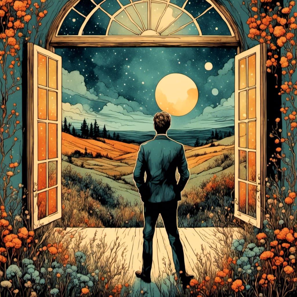 Man Gazing Out Window in Retro Digital Ink Style