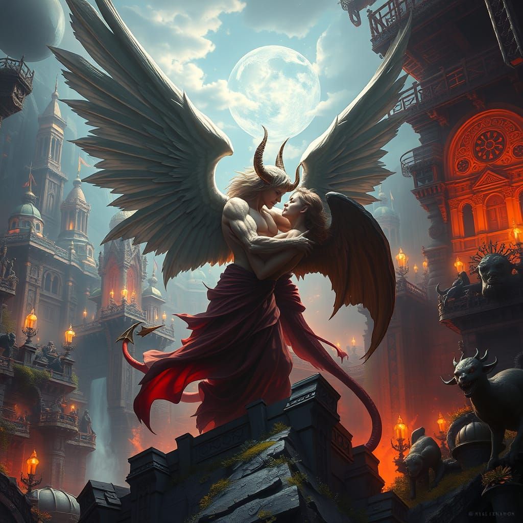 Ethereal Fantasy Couple Embracing in Whimsical Landscape