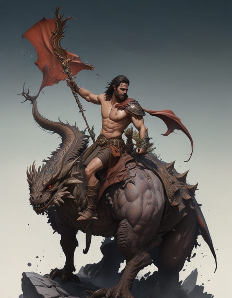 Epic Fantasy Warrior Battles a Dragon in Vibrant Watercolor