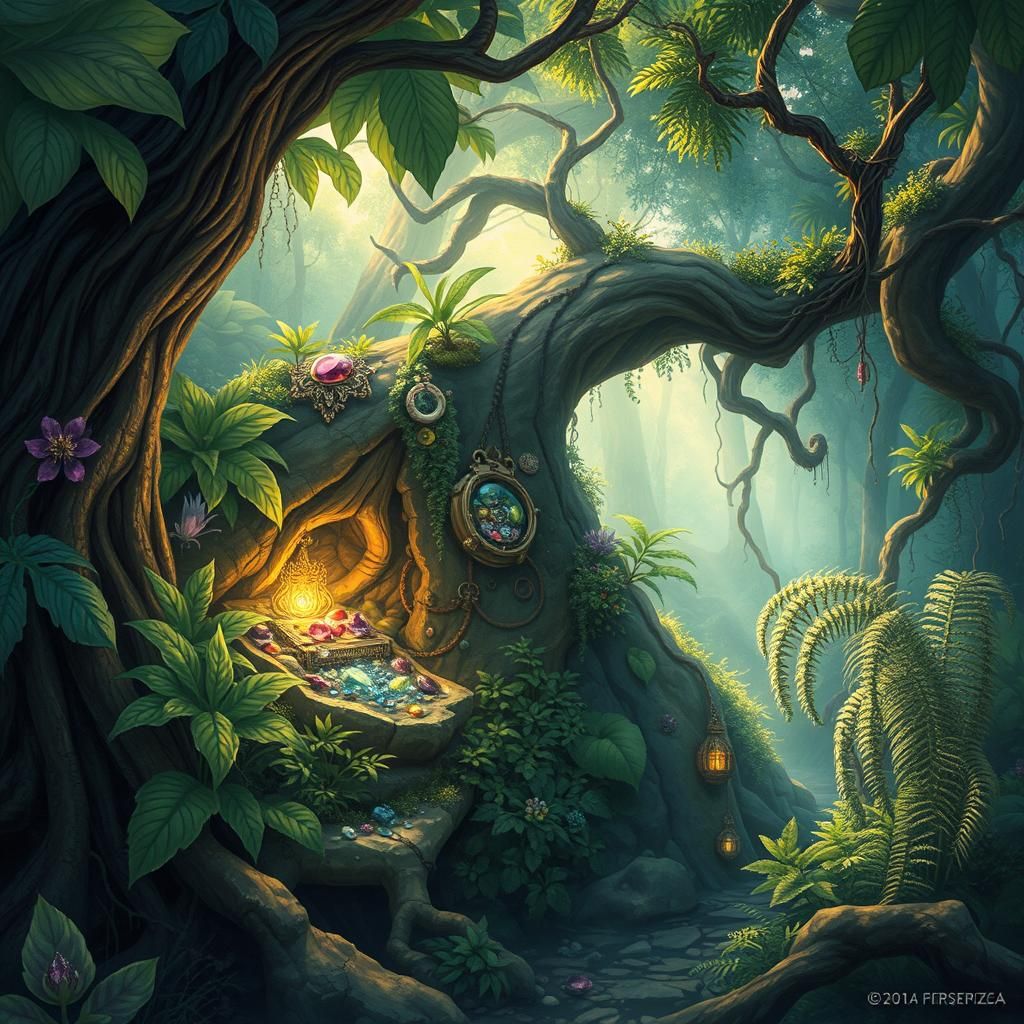 Sunlit Gemstone Treasure in Mystical Forest