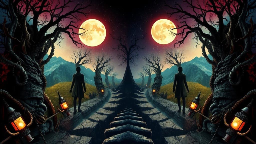 Surreal Mirrored Portrait in Dystopian Fantasy Style