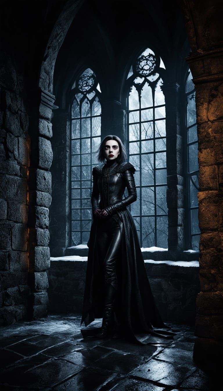 Ethereal Vampire Queen in Dark Fantasy Medieval Castle