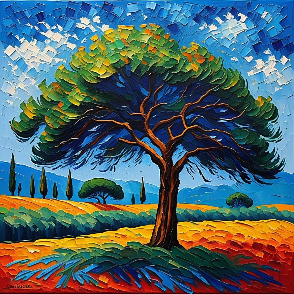 Cedar Tree in Neo-Impressionist Expressionist Style