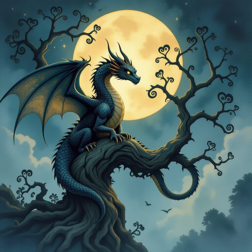 Ancient Obsidian Dragon on Ethereal Heart Tree